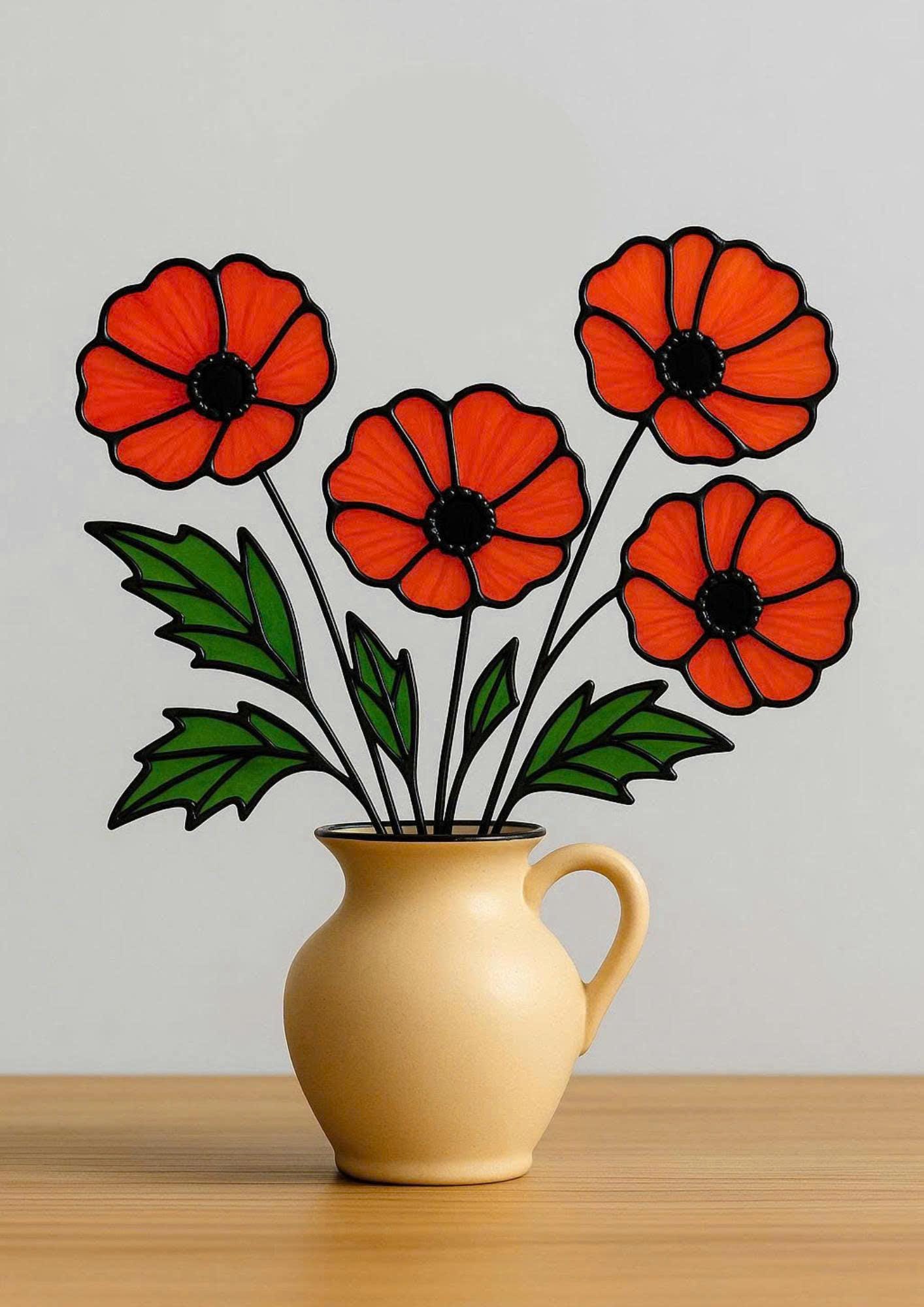 Stained Glass Poppy Bouquet: Handmade Floral Arrangement in Ceramic Pitcher