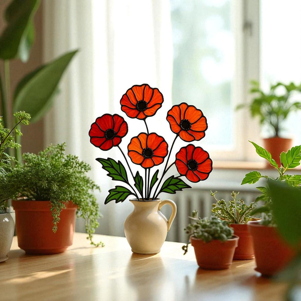 Stained Glass Poppy Bouquet: Handmade Floral Arrangement in Ceramic Pitcher