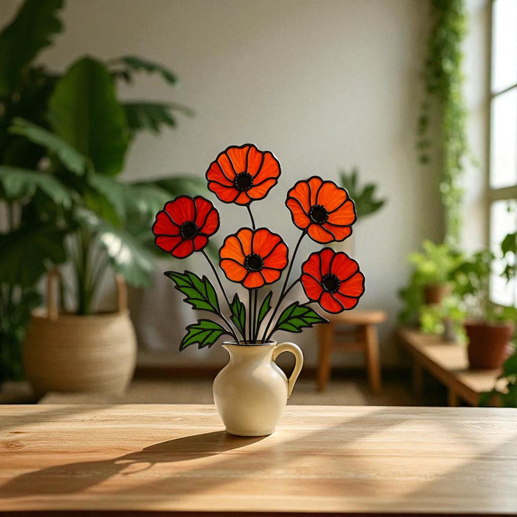 Stained Glass Poppy Bouquet: Handmade Floral Arrangement in Ceramic Pitcher