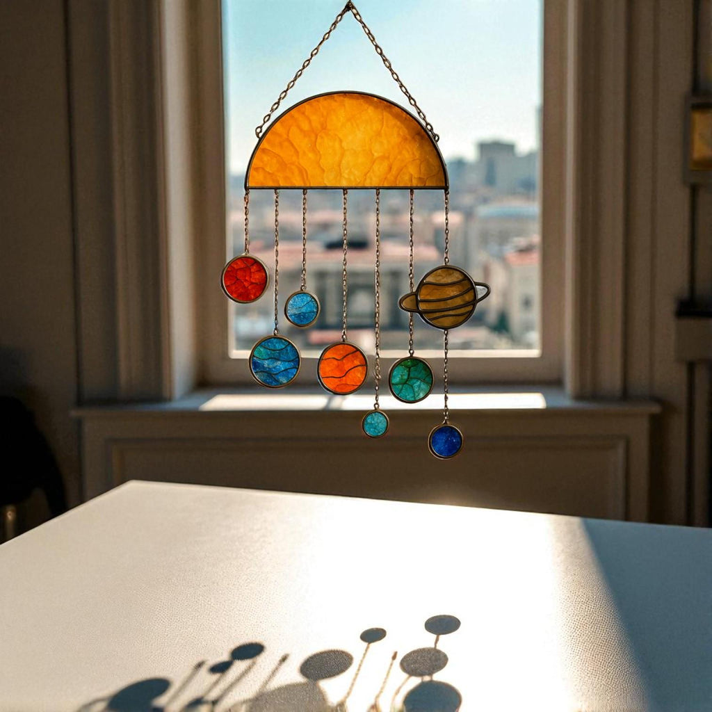 Three handcrafted stained glass suncatchers depicting the solar system and planets, featuring semi-circle, sun, and large sun designs – with vibrant colors like yellow, red, blue, orange, and green – hanging by metal chains in front of a sunlit window.