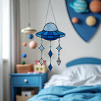 Blue Stained Glass UFO Suncatcher: Alien Spaceship Window Hanging