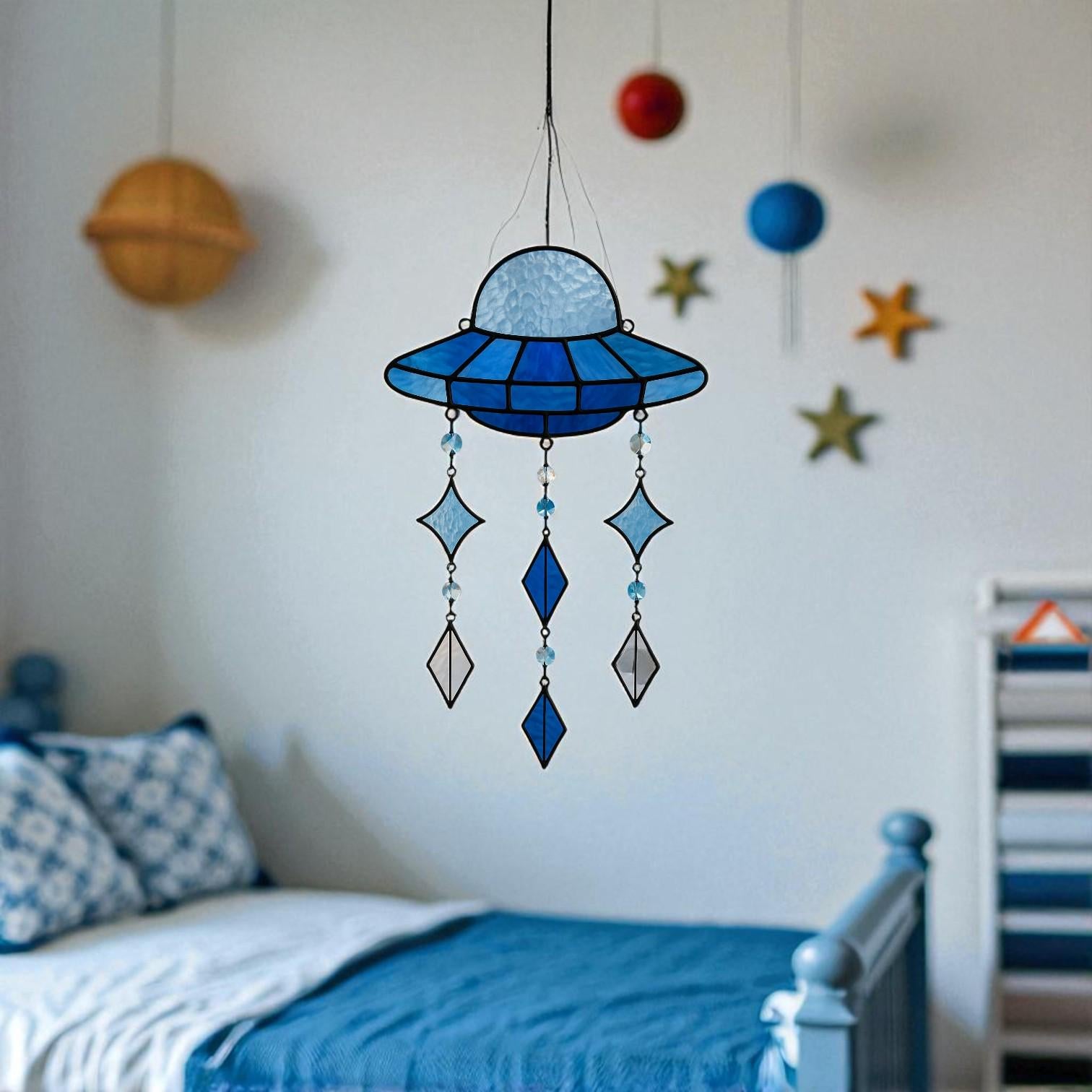Blue Stained Glass UFO Suncatcher: Alien Spaceship Window Hanging