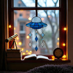 Blue Stained Glass UFO Suncatcher: Alien Spaceship Window Hanging