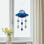 Blue Stained Glass UFO Suncatcher: Alien Spaceship Window Hanging