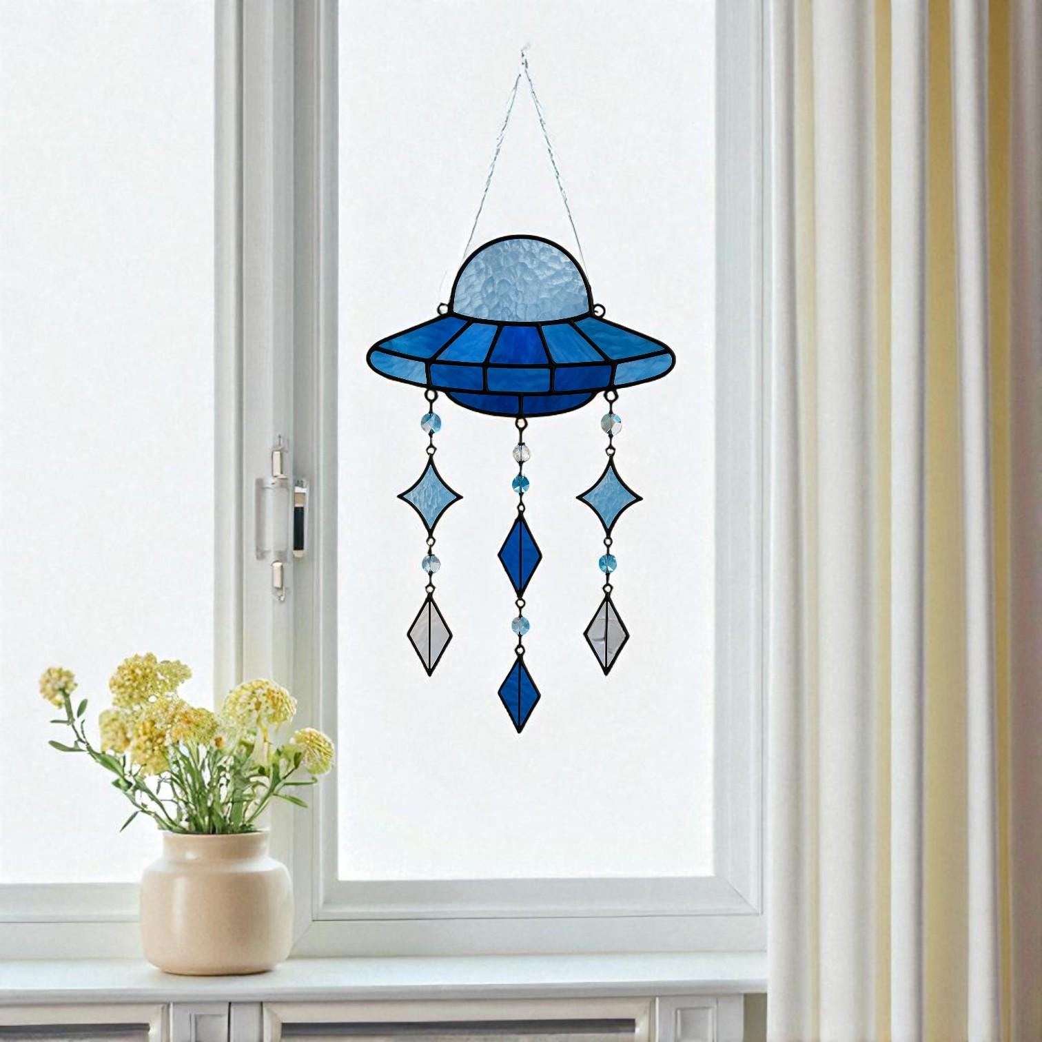 Blue Stained Glass UFO Suncatcher: Alien Spaceship Window Hanging