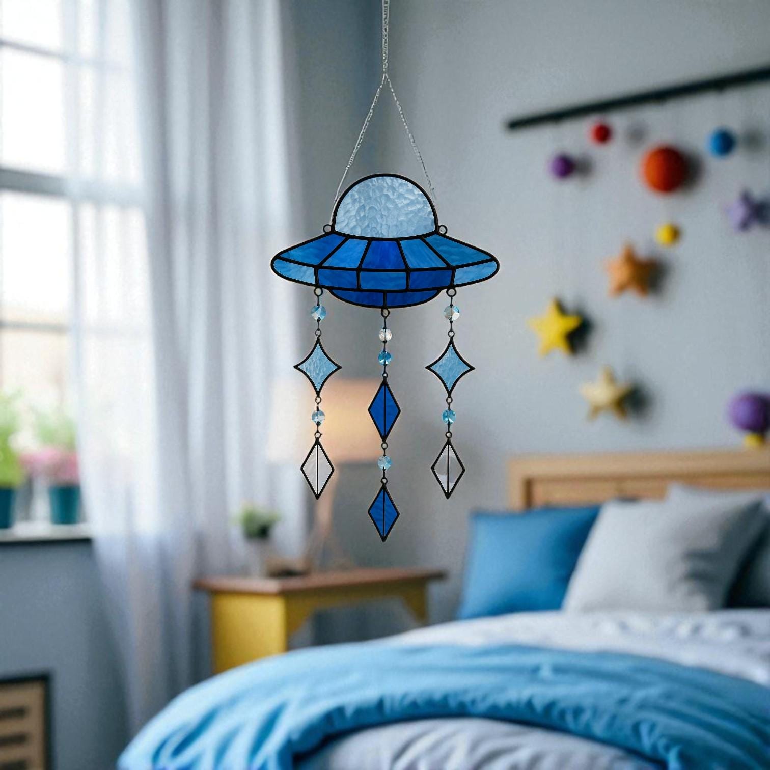 Blue Stained Glass UFO Suncatcher: Alien Spaceship Window Hanging