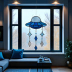 Blue Stained Glass UFO Suncatcher: Alien Spaceship Window Hanging