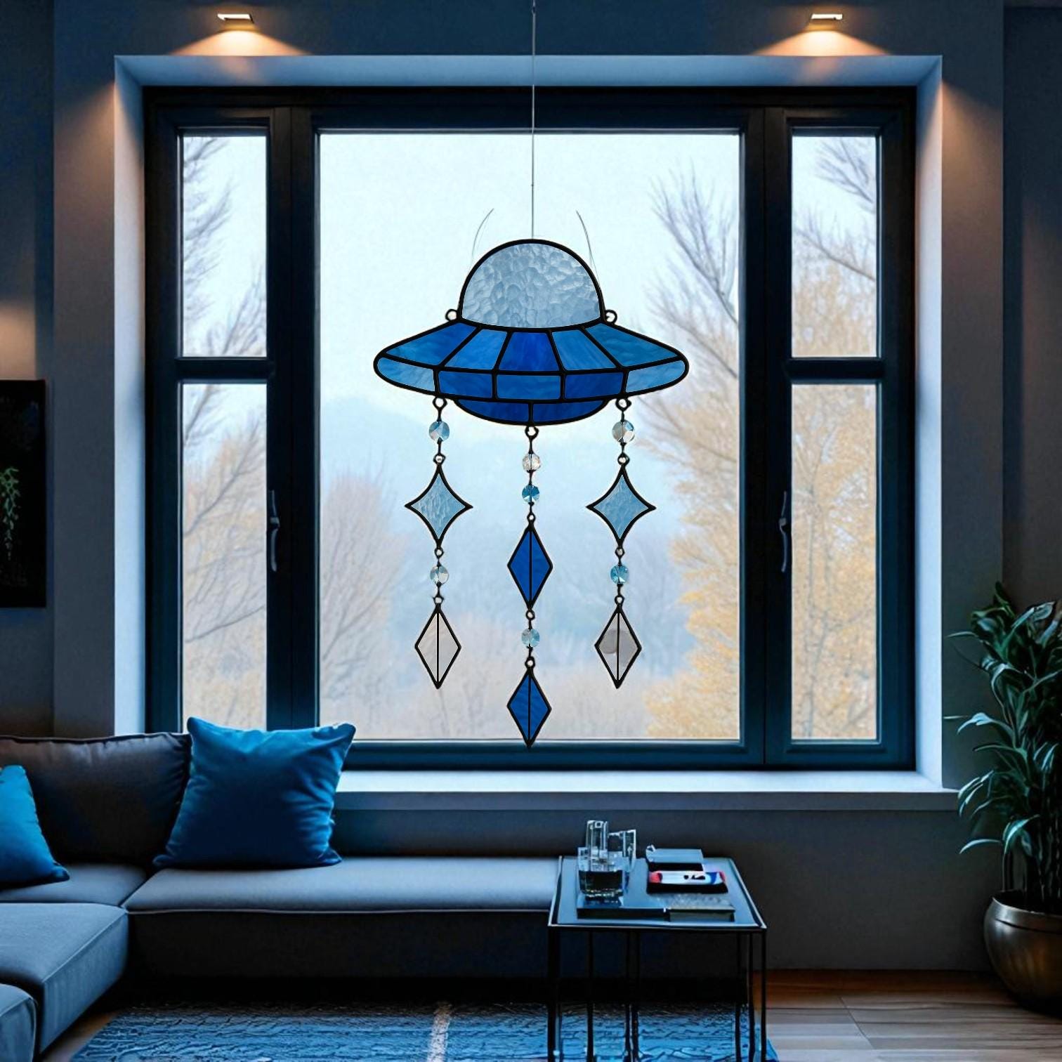Blue Stained Glass UFO Suncatcher: Alien Spaceship Window Hanging