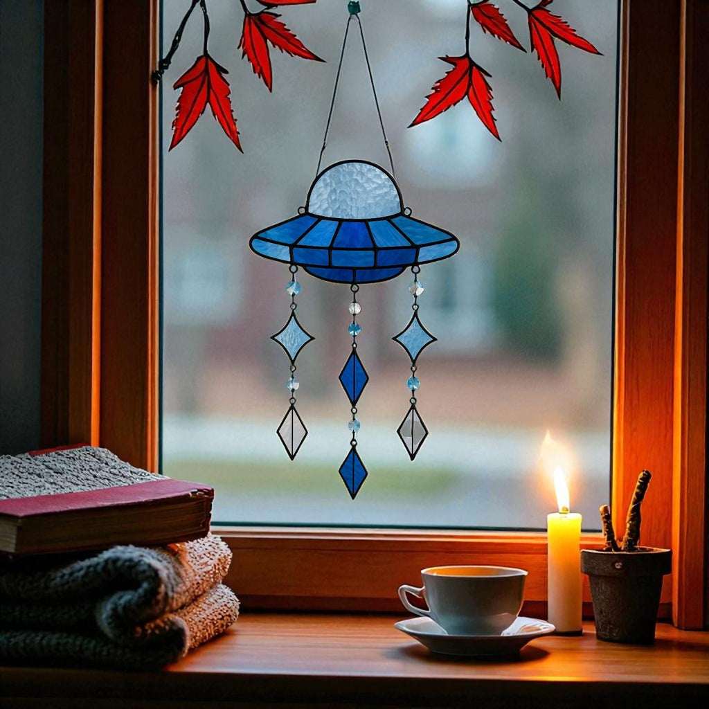 Blue Stained Glass UFO Suncatcher: Alien Spaceship Window Hanging