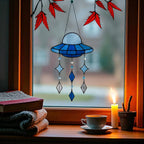 Blue Stained Glass UFO Suncatcher: Alien Spaceship Window Hanging