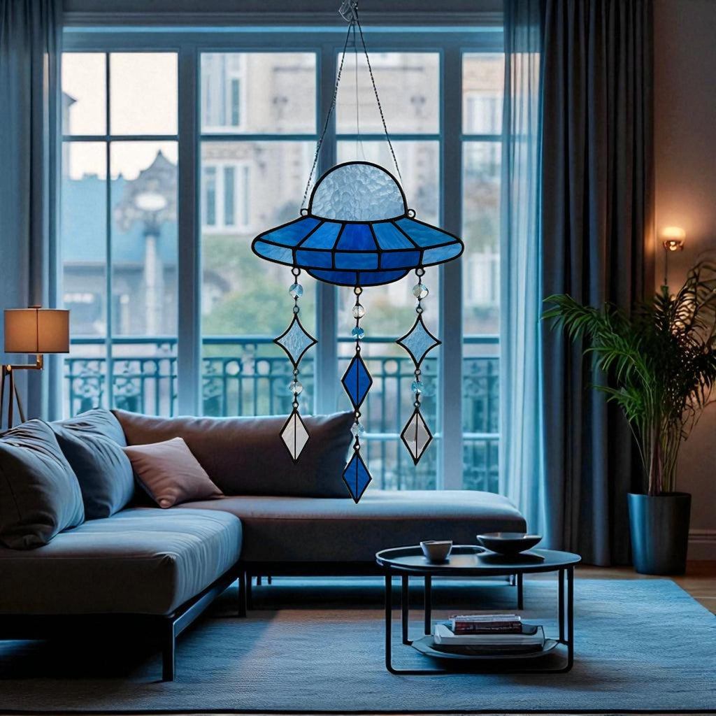 Blue Stained Glass UFO Suncatcher: Alien Spaceship Window Hanging