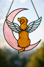 Custom Dog Memorial Gift, Stained Glass Angel Dog on Moon, Pet Loss Sympathy Gift, Rainbow Bridge Suncatcher, Personalized Dog Portrait