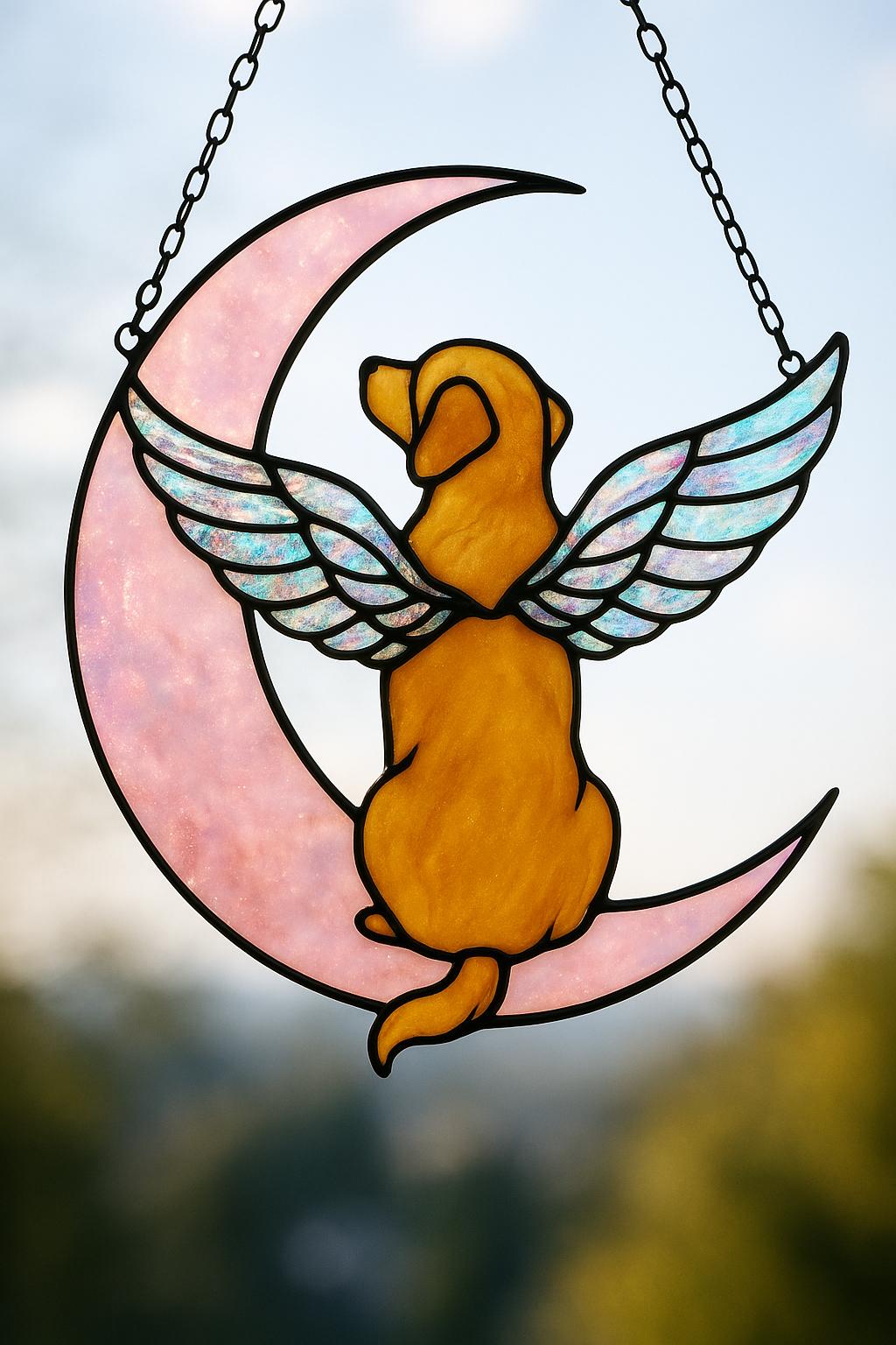 Custom Dog Memorial Gift, Stained Glass Angel Dog on Moon, Pet Loss Sympathy Gift, Rainbow Bridge Suncatcher, Personalized Dog Portrait