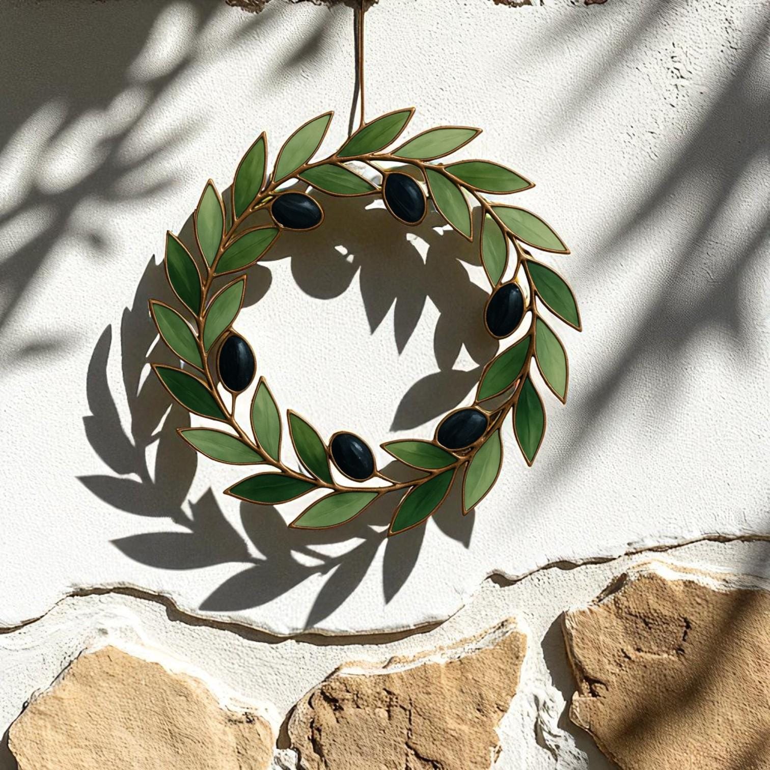 Stained Glass Olive Wreath Suncatcher – Handmade Laurel Branch Window Hanging – Mediterranean Wall Decor Gift