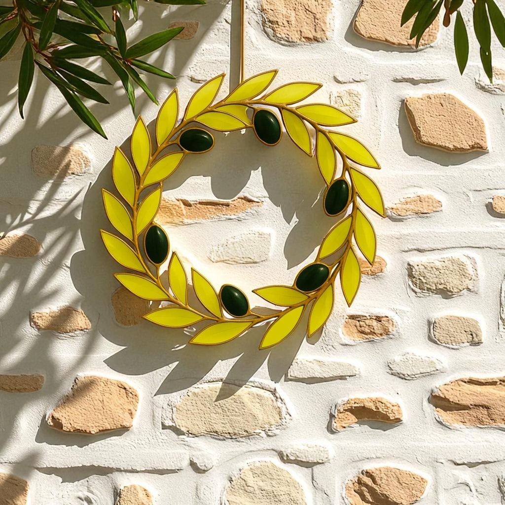 Stained Glass Olive Wreath Suncatcher – Handmade Laurel Branch Window Hanging – Mediterranean Wall Decor Gift