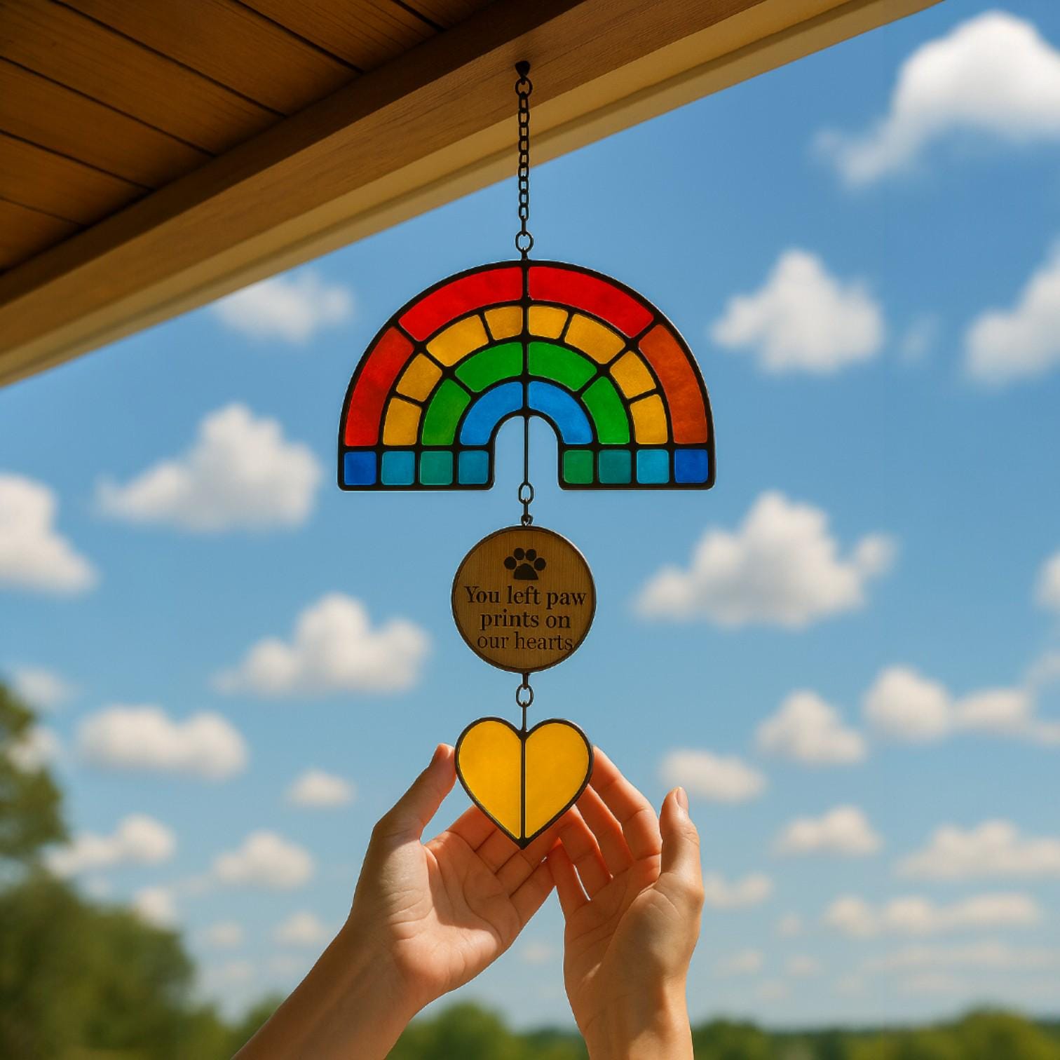 Rainbow Bridge Pet Memorial Suncatcher: Stained Glass Paw Prints Decor