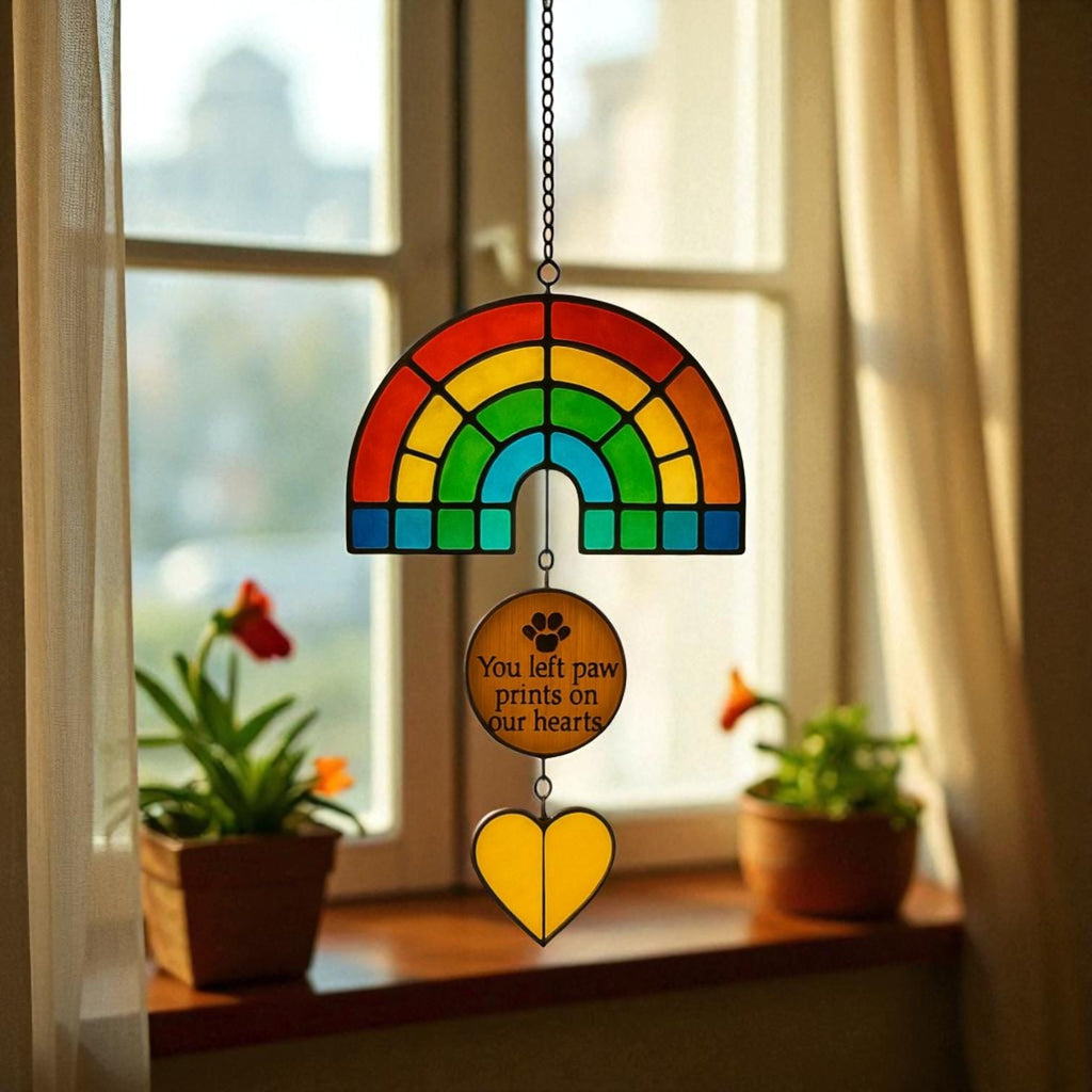 Rainbow Bridge Pet Memorial Suncatcher: Stained Glass Paw Prints Decor