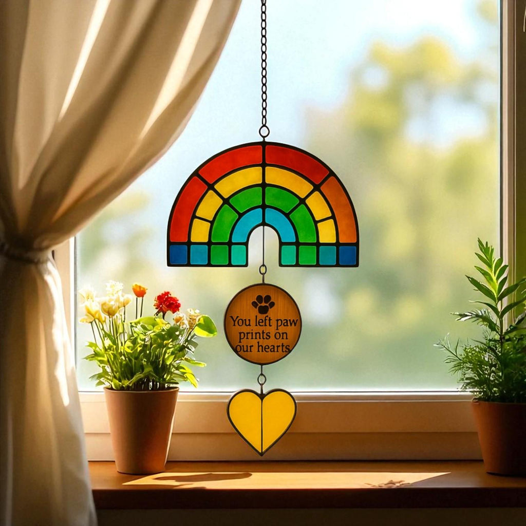 Rainbow Bridge Pet Memorial Suncatcher: Stained Glass Paw Prints Decor