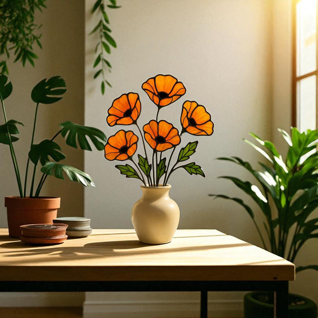 Stained Glass Poppy Bouquet: Handmade Floral Window Decor