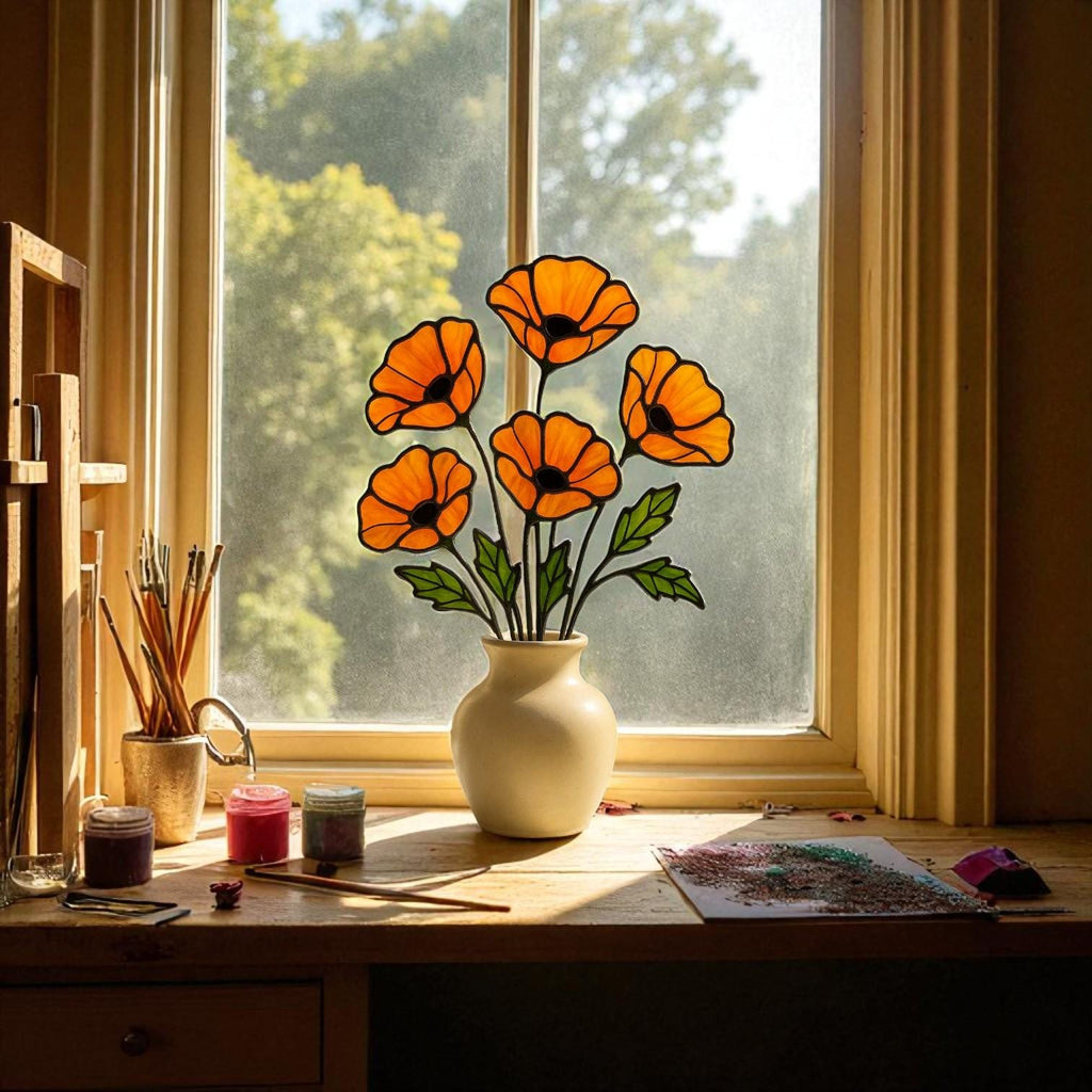Stained Glass Poppy Bouquet: Handmade Floral Window Decor