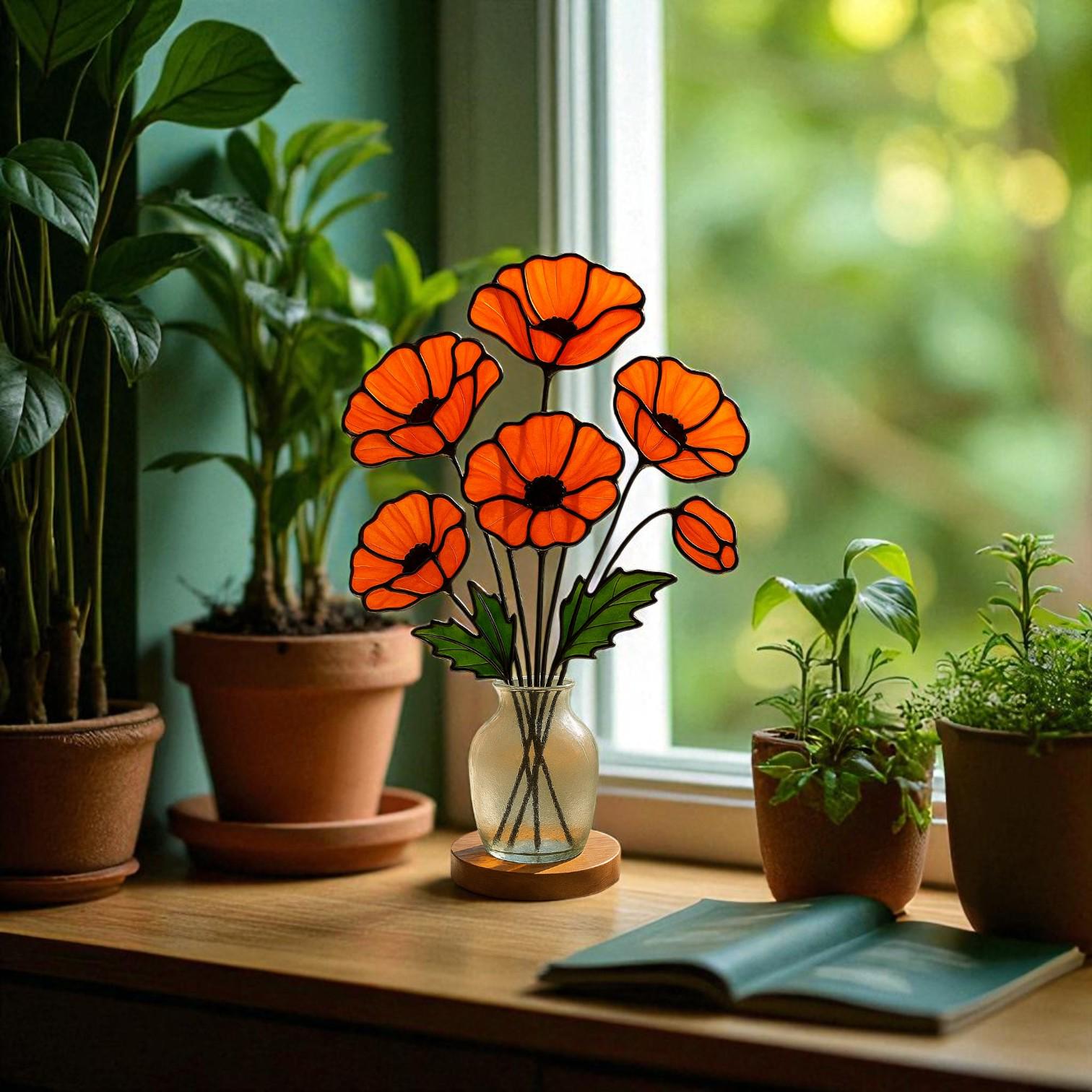 Stained Glass Poppy Bouquet: Handmade Floral Arrangement, Window Decor