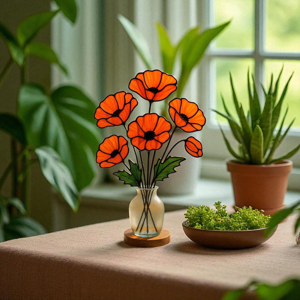 Stained Glass Poppy Bouquet: Handmade Floral Arrangement, Window Decor