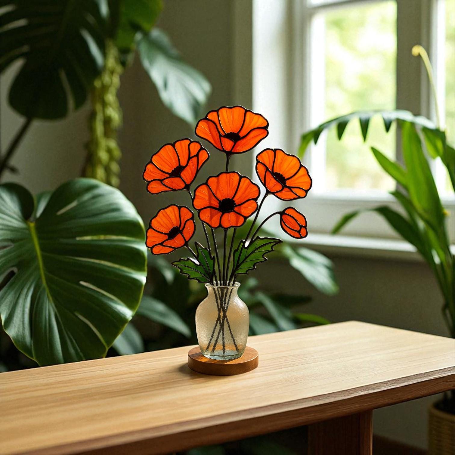 Stained Glass Poppy Bouquet: Handmade Floral Arrangement, Window Decor