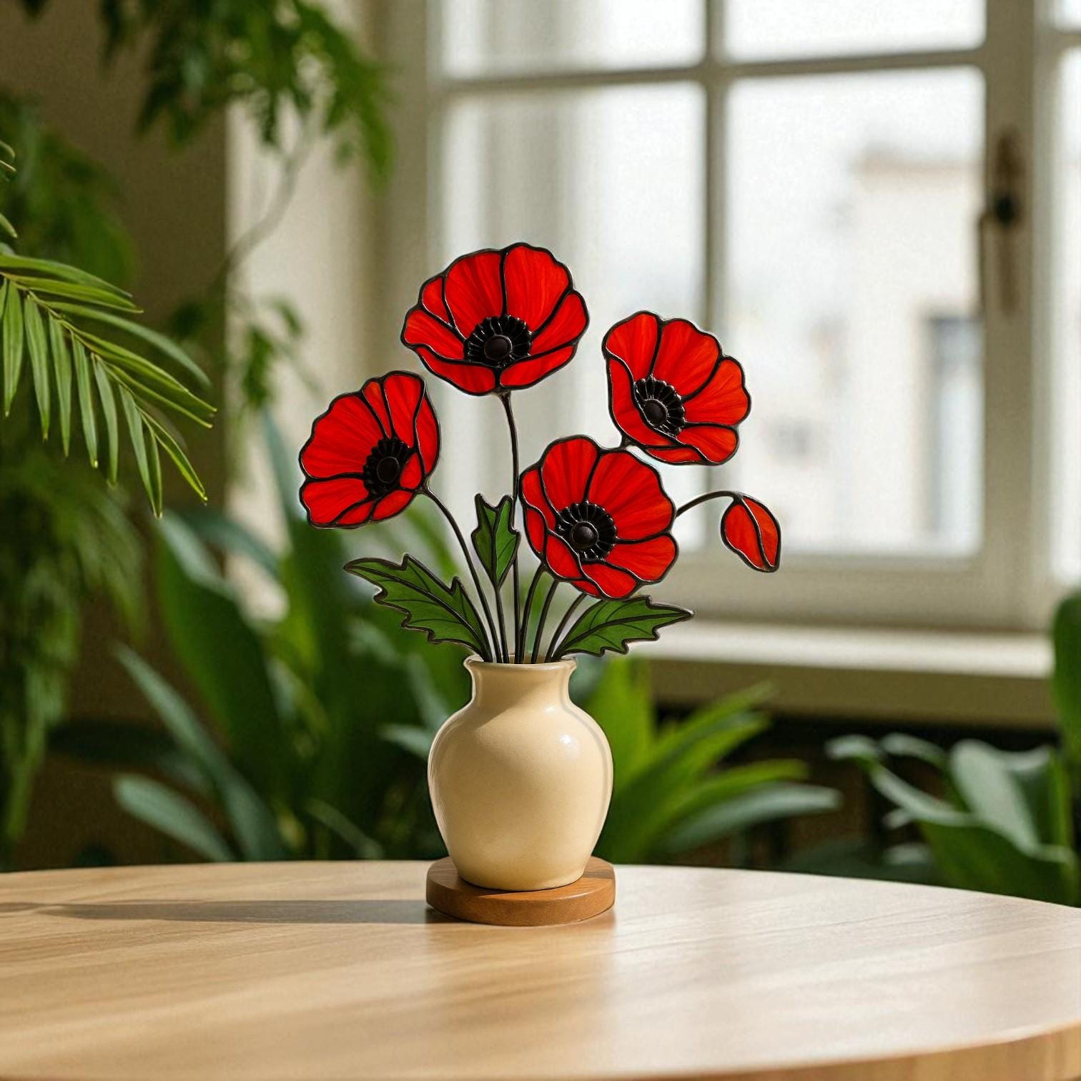 Stained Glass Red Poppy Bouquet: Handmade Floral Arrangement