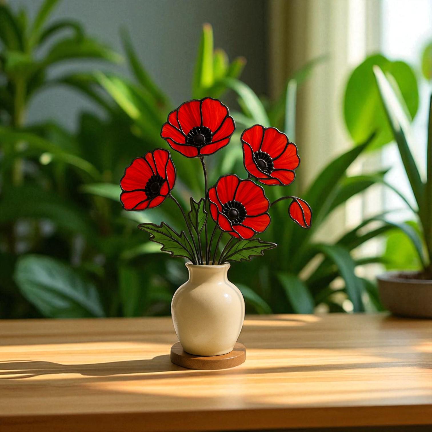 Stained Glass Red Poppy Bouquet: Handmade Floral Arrangement