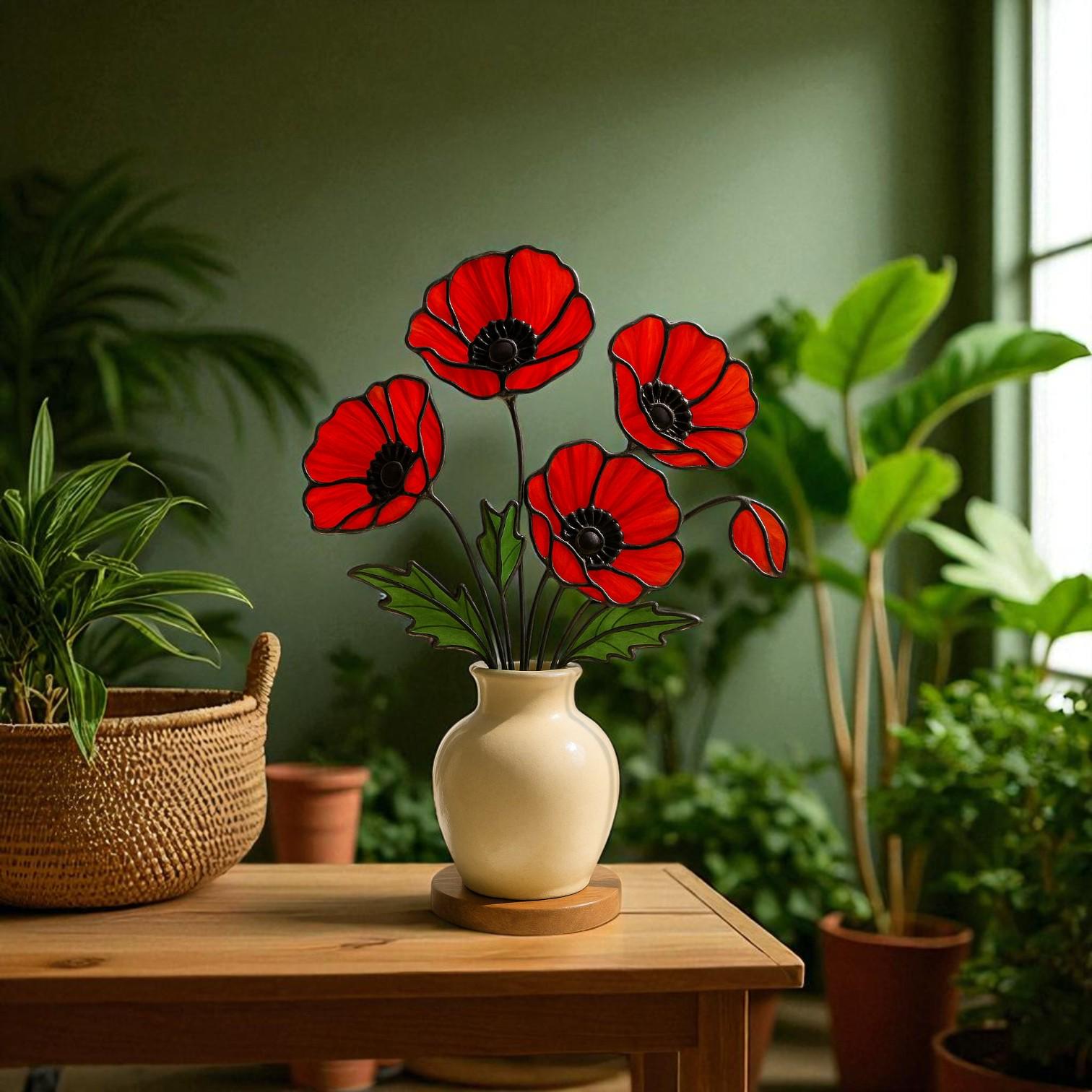Stained Glass Red Poppy Bouquet: Handmade Floral Arrangement