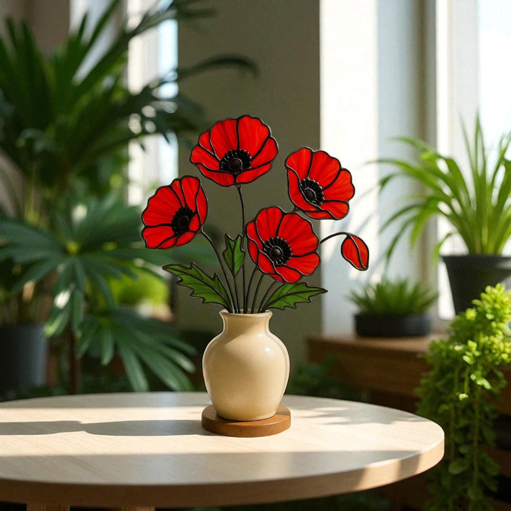 Stained Glass Red Poppy Bouquet: Handmade Floral Arrangement