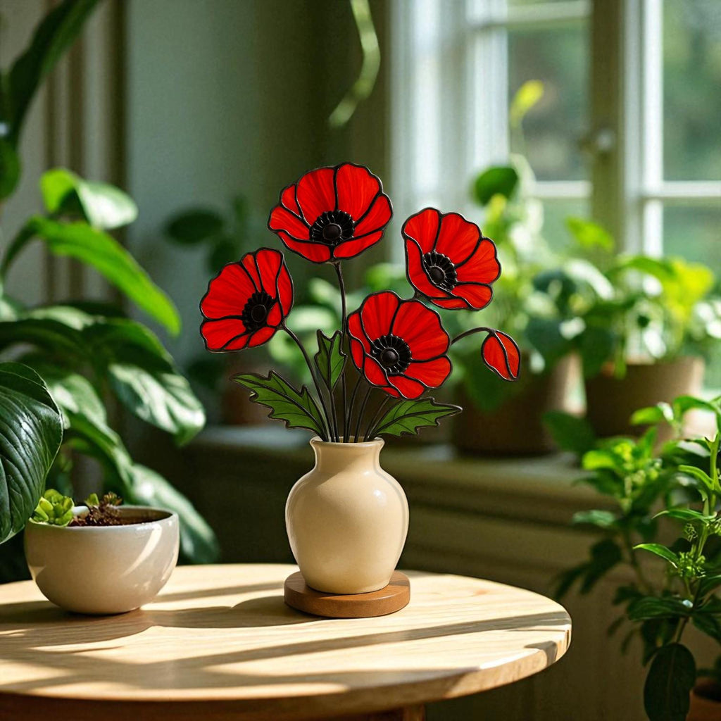Stained Glass Red Poppy Bouquet: Handmade Floral Arrangement