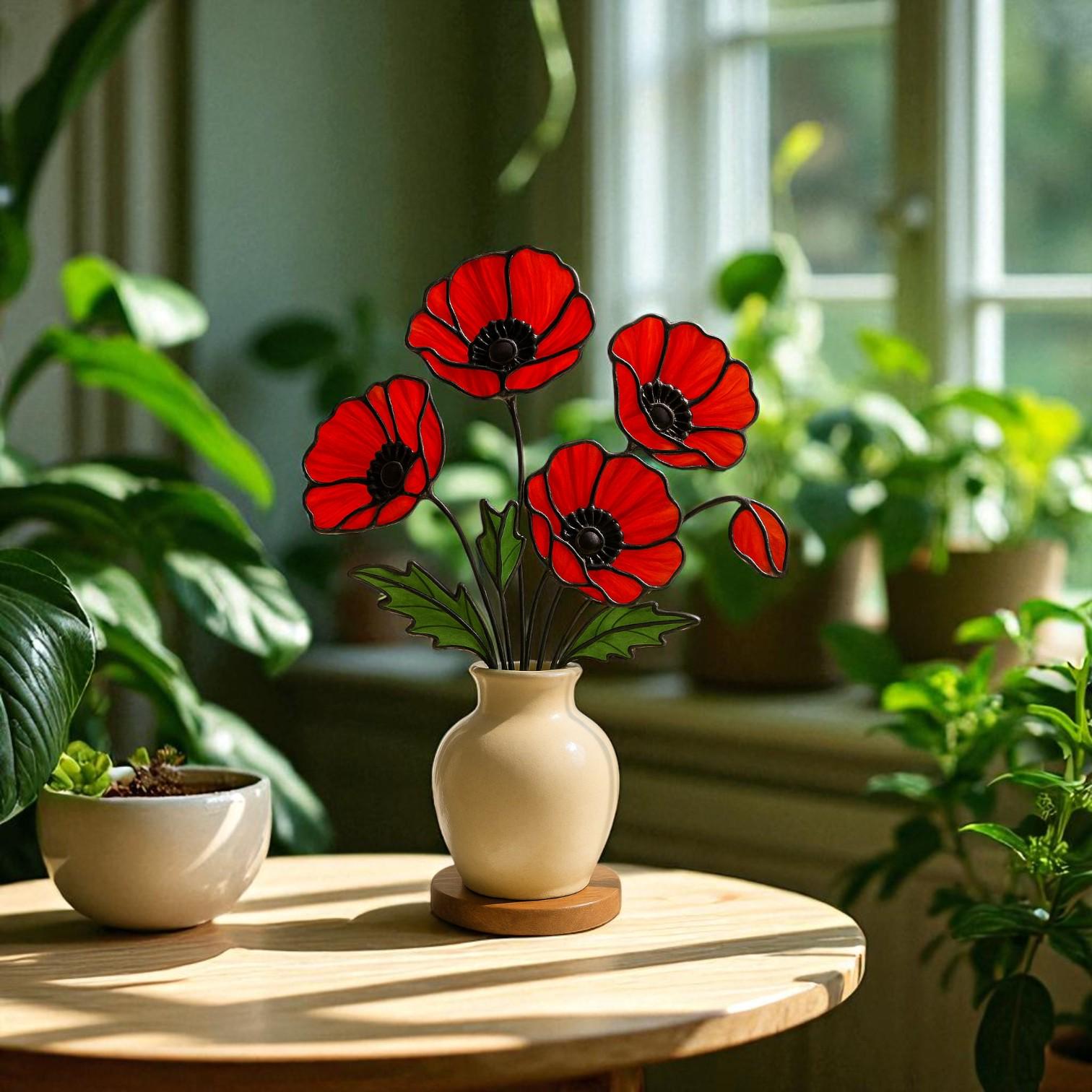 Stained Glass Red Poppy Bouquet: Handmade Floral Arrangement