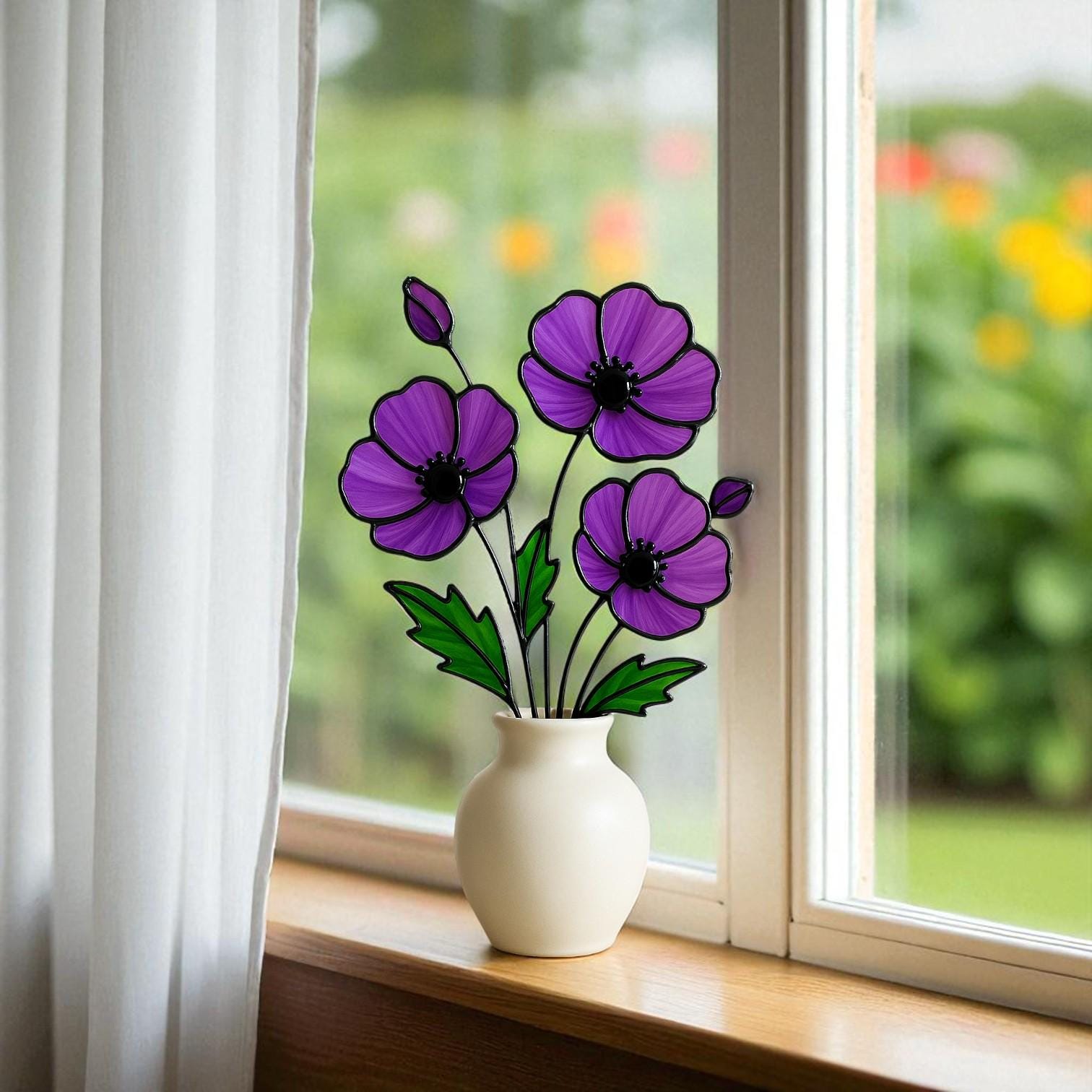 Stained Glass Purple Poppy Bouquet: Handmade Floral Table Decor