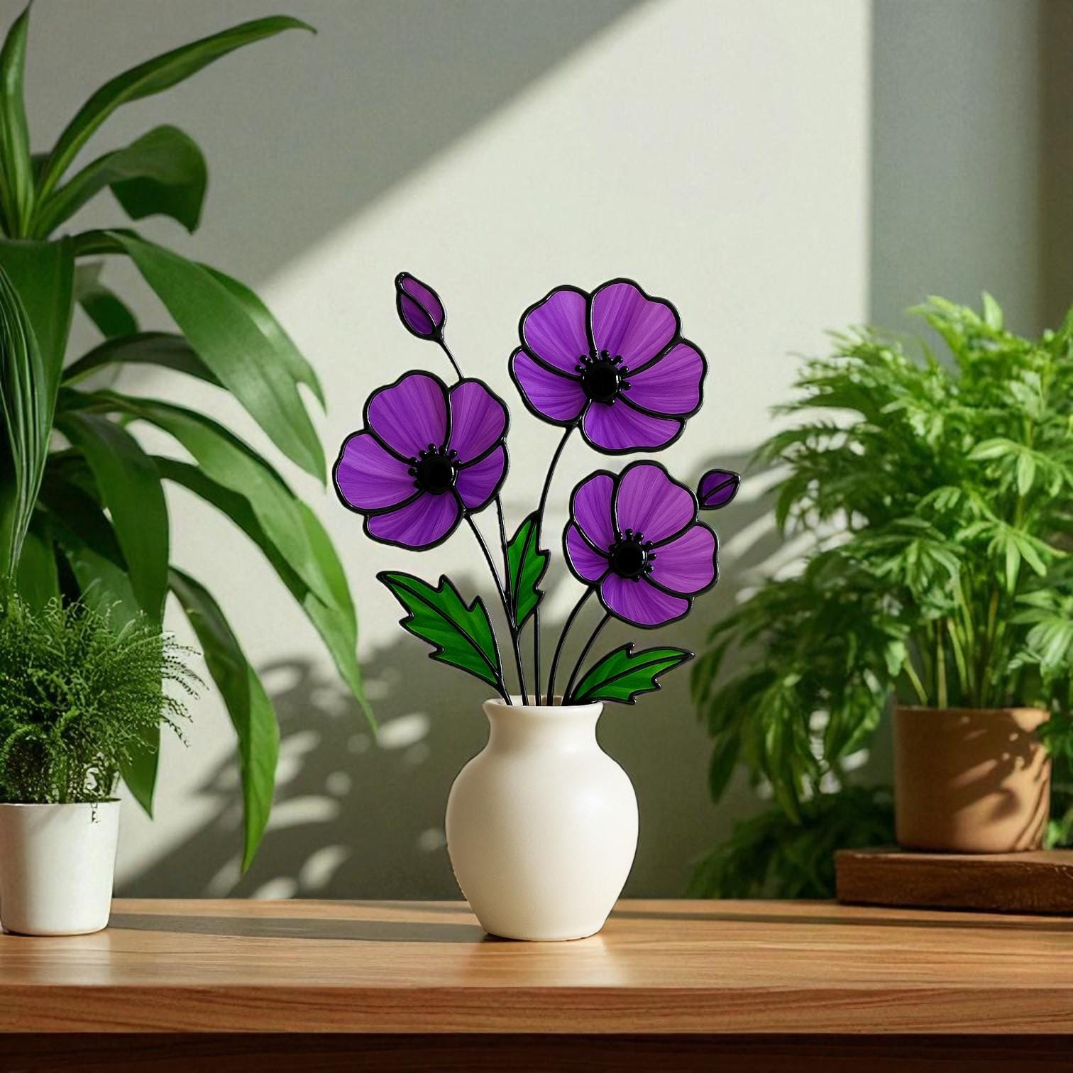 Stained Glass Purple Poppy Bouquet: Handmade Floral Table Decor