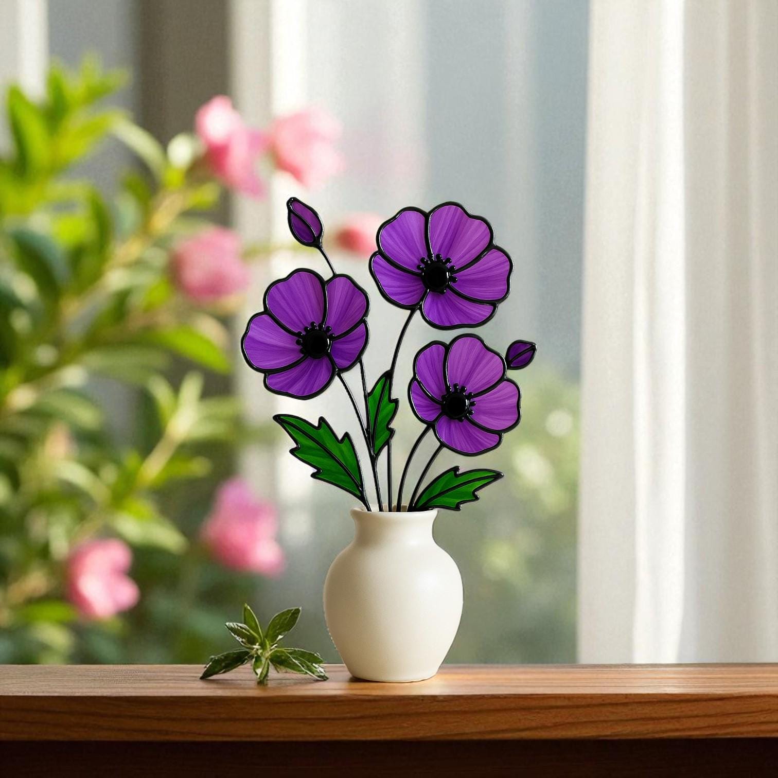 Stained Glass Purple Poppy Bouquet: Handmade Floral Table Decor