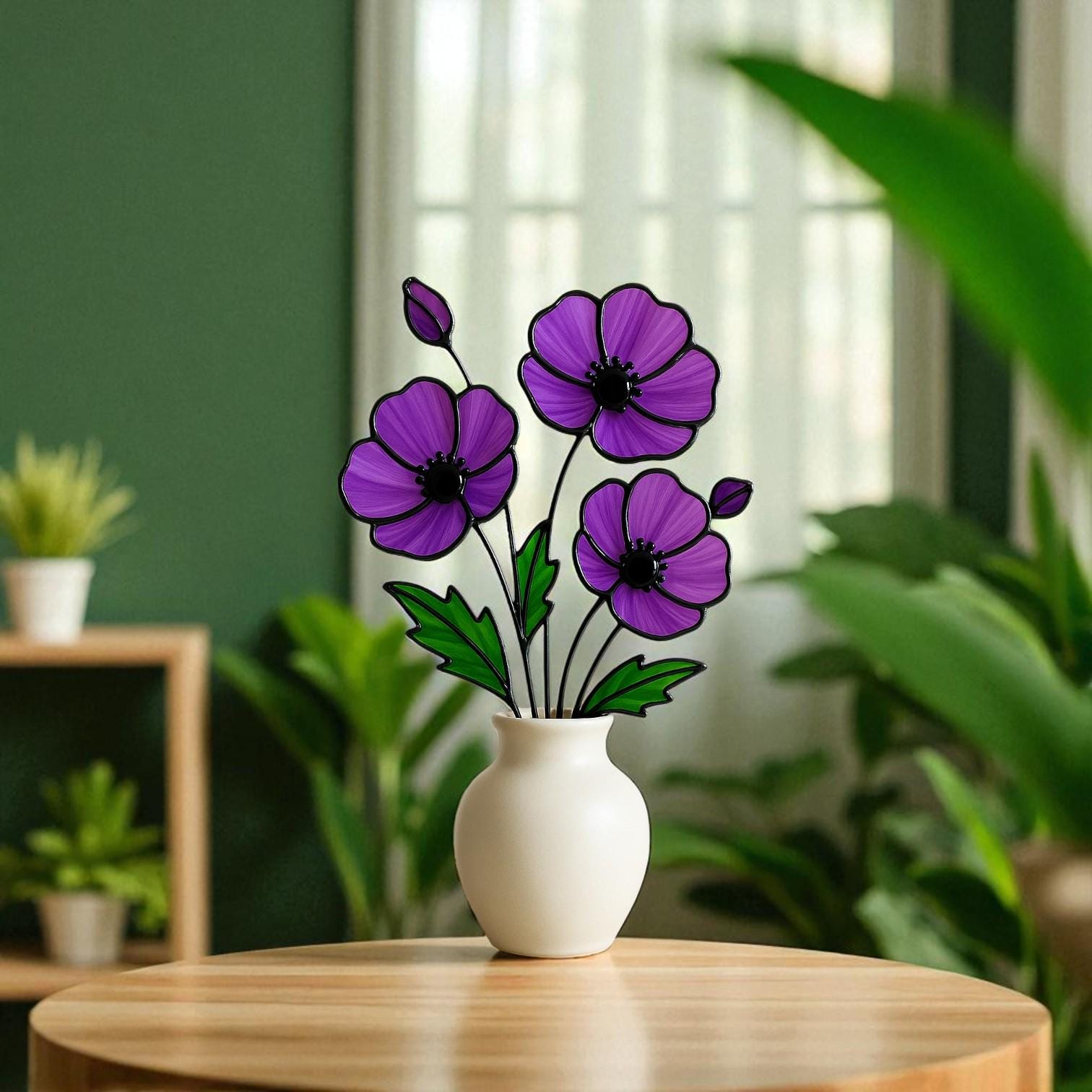 Stained Glass Purple Poppy Bouquet: Handmade Floral Table Decor
