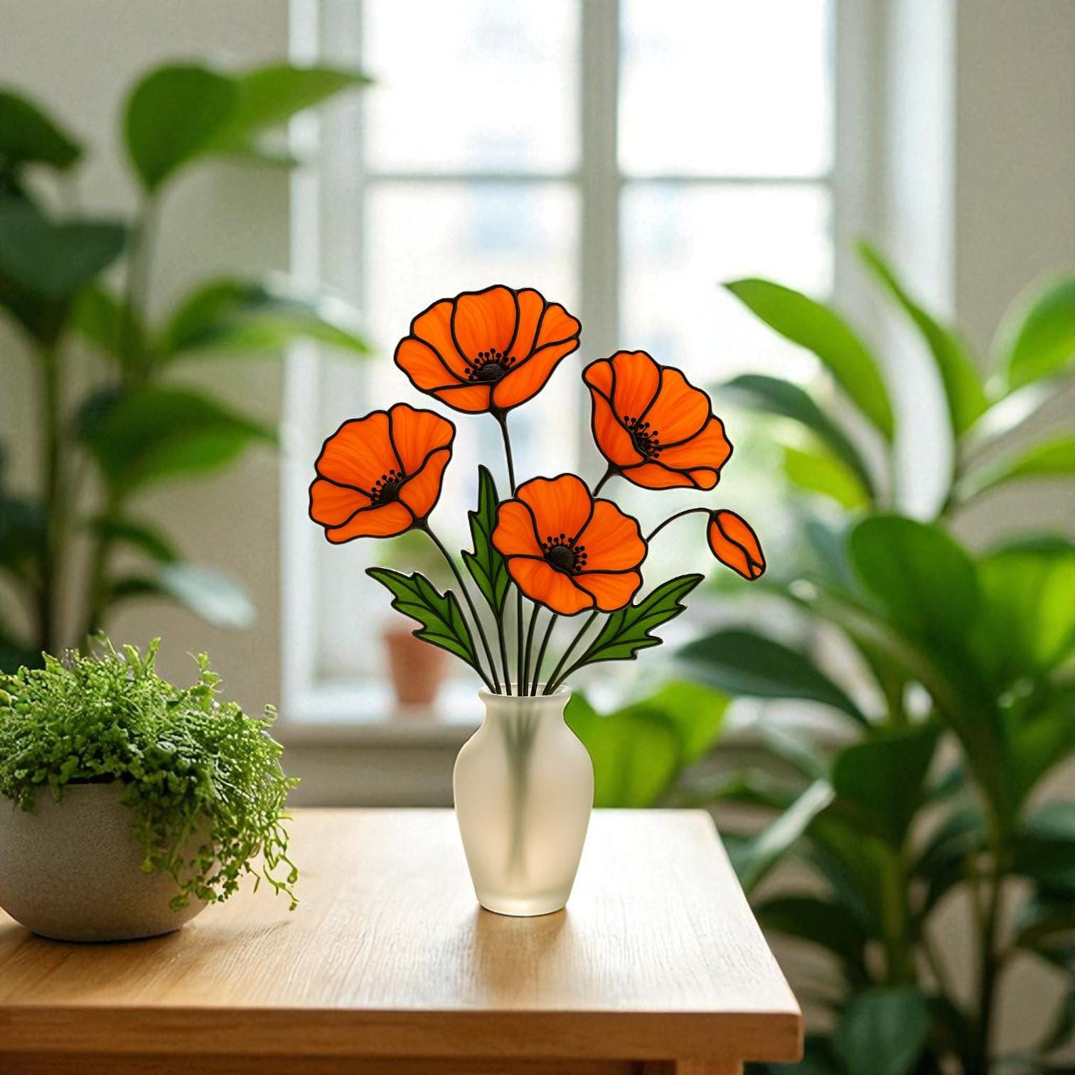 Stained Glass Orange Poppy Bouquet: Handmade Floral Arrangement in Frosted Vase