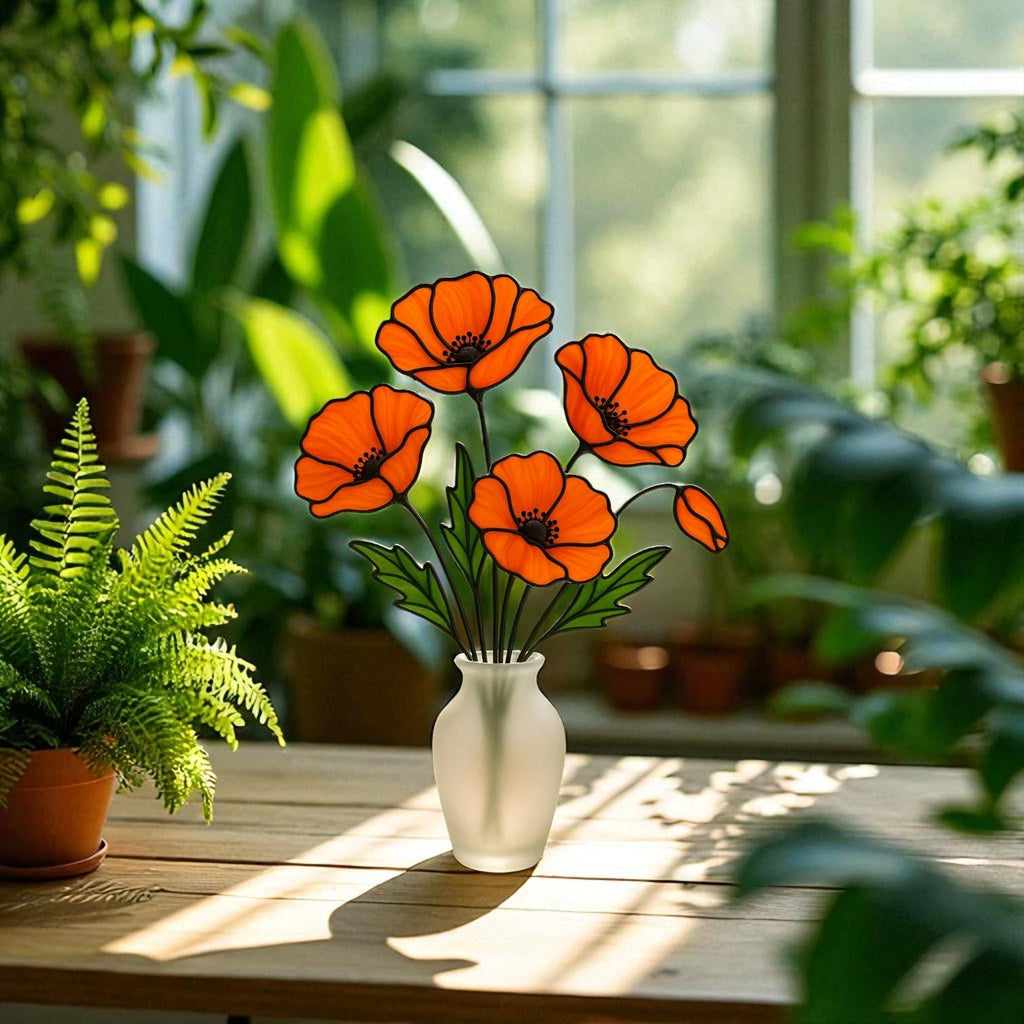 Stained Glass Orange Poppy Bouquet: Handmade Floral Arrangement in Frosted Vase