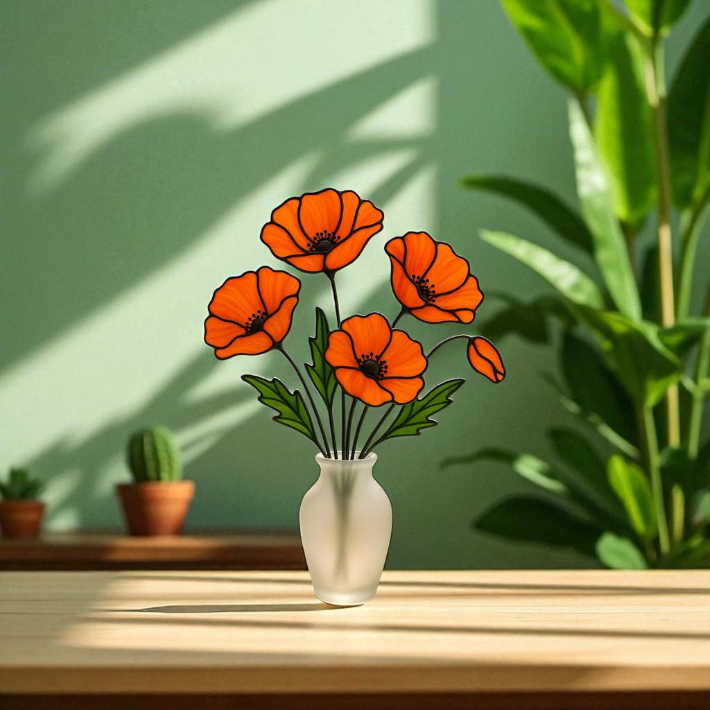 Stained Glass Orange Poppy Bouquet: Handmade Floral Arrangement in Frosted Vase