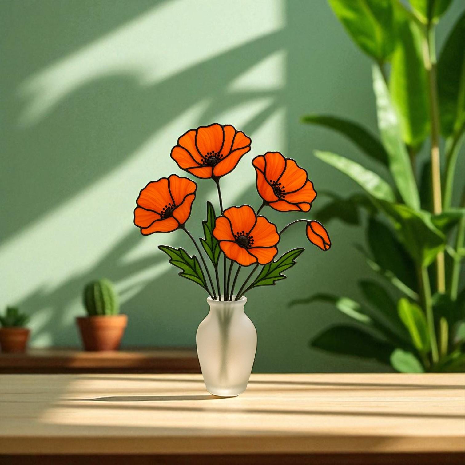 Stained Glass Orange Poppy Bouquet: Handmade Floral Arrangement in Frosted Vase