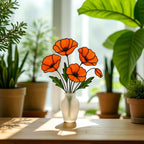 Stained Glass Orange Poppy Bouquet: Handmade Floral Arrangement in Frosted Vase
