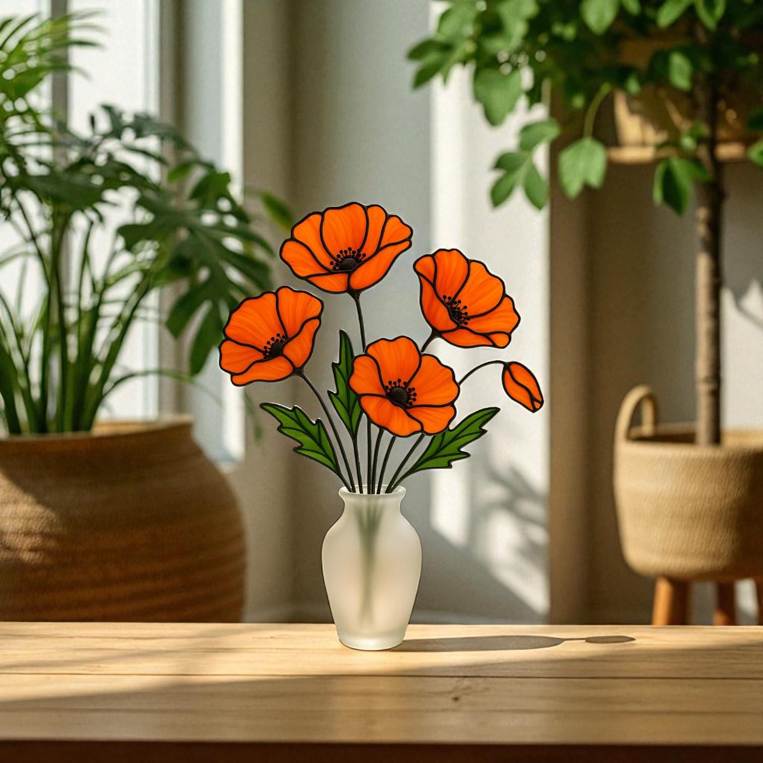 Stained Glass Orange Poppy Bouquet: Handmade Floral Arrangement in Frosted Vase