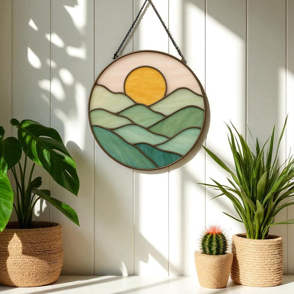 Stained Glass Sun and Mountain Suncatcher: Handmade Nature Art