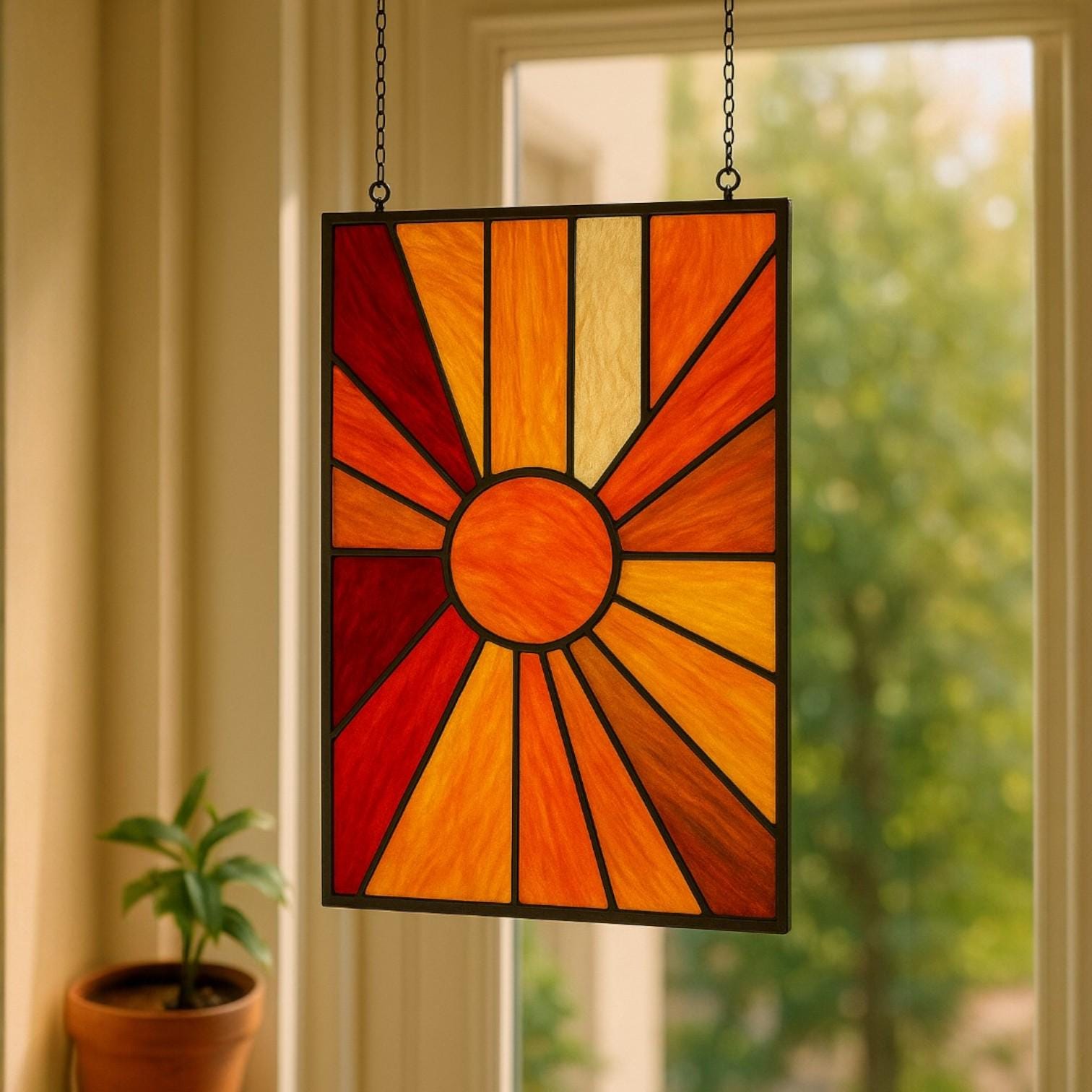 Stained Glass Sunburst Suncatcher: Mid Century Modern Boho Window Decor
