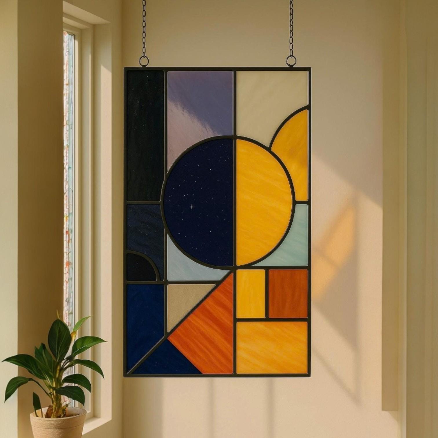 Stained Glass Sunburst Suncatcher: Mid Century Modern Boho Window Decor