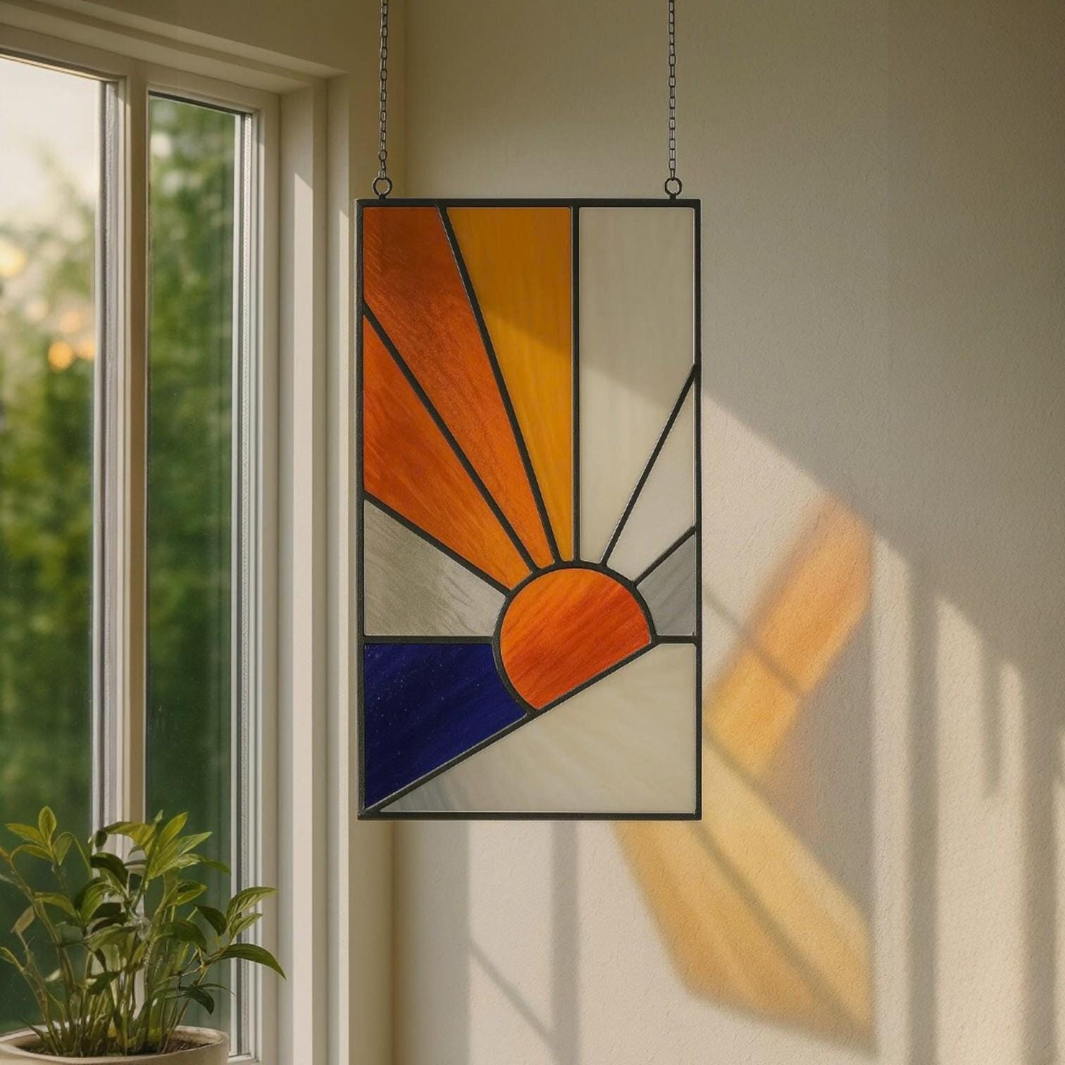 Stained Glass Sunburst Suncatcher: Mid Century Modern Boho Window Decor