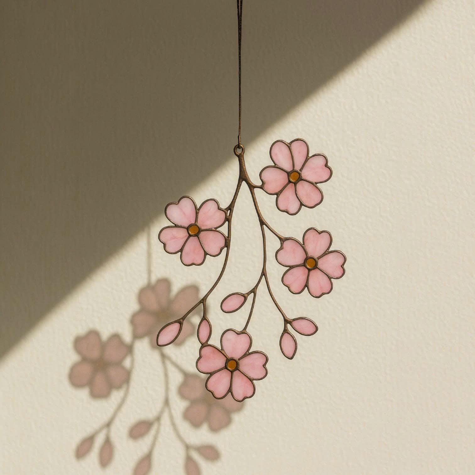 Cherry Blossom Stained Glass Suncatcher: Japandi Window Art