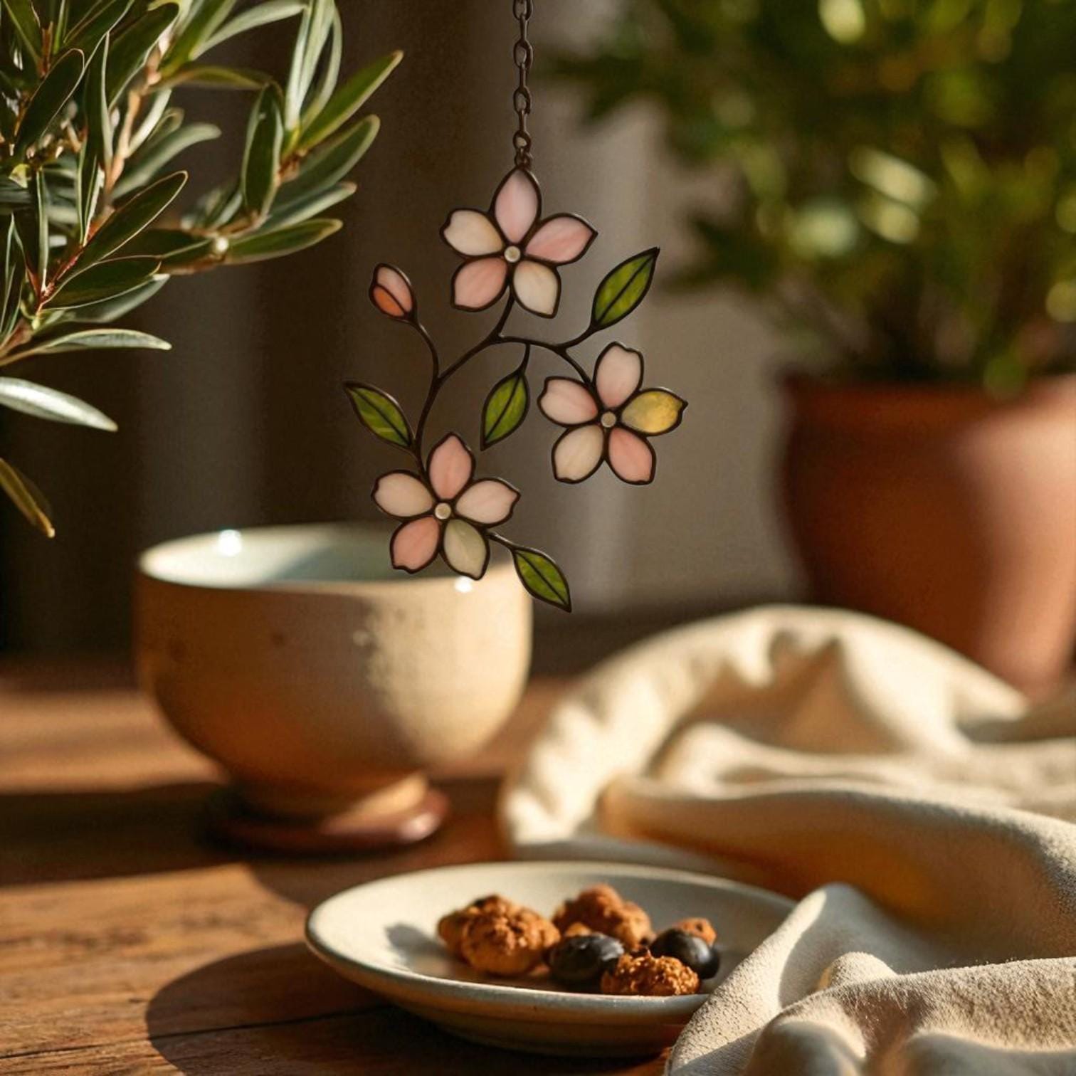 Cherry Blossom Stained Glass Suncatcher: Japandi Window Art