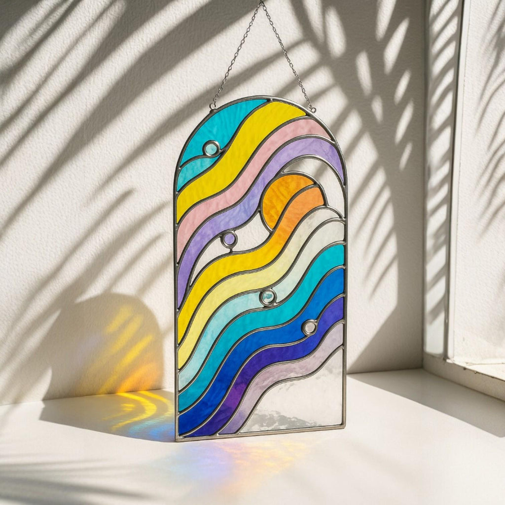 Arched Stained Glass Suncatcher: Rainbow Waves Window Decor